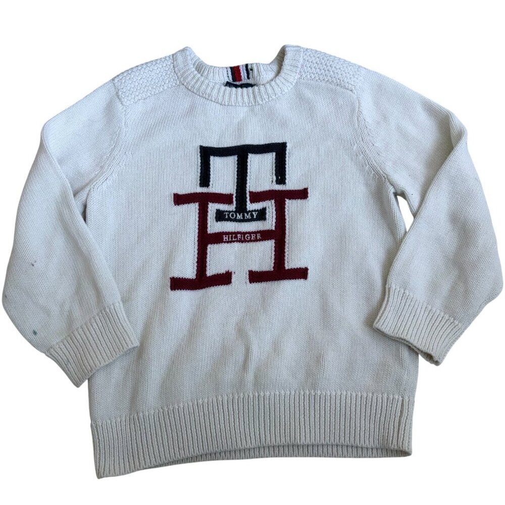 Tommy Hilfiger Kids Boys Ivory Crewneck Monogram Sweater XS 4-5